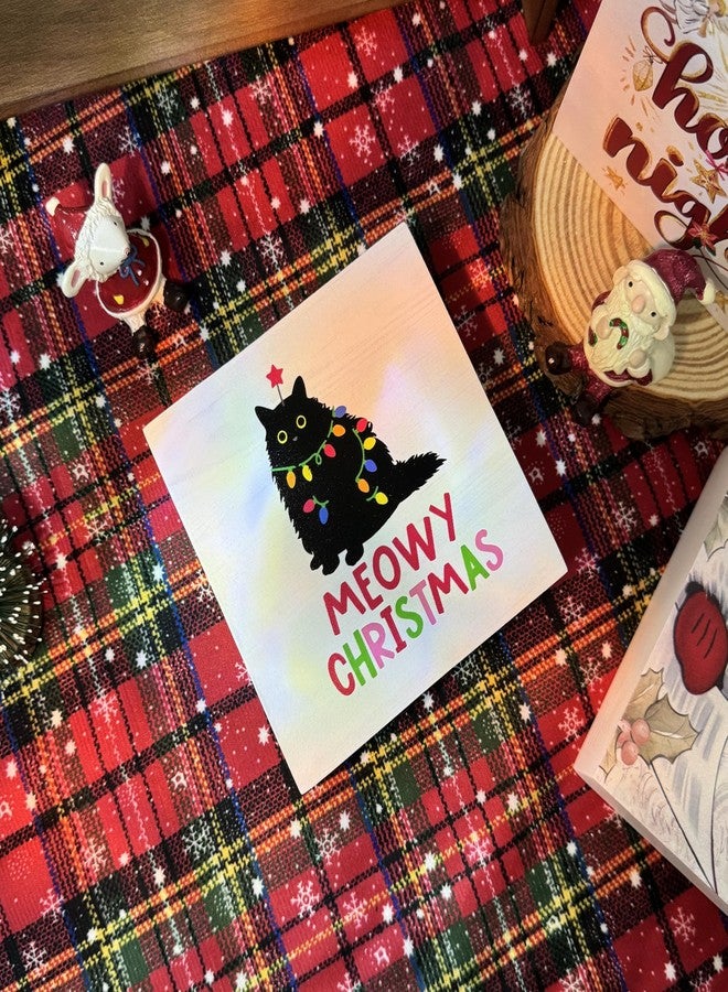 Wheatwin Meowy Christmas Wooden Sign, Cat Christmas Decorations for Bathroom Home Office Indoor Desk Shelf Mantel Table, Cat Gifts for Cat Lovers, 5x5 - Image 5